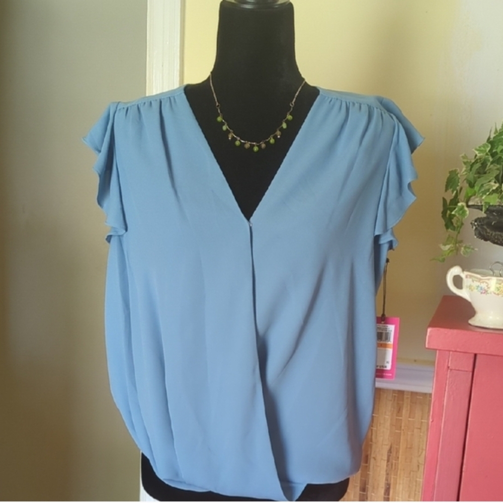 Vince Camuto Light Blue Flutter Sleeve Blouse